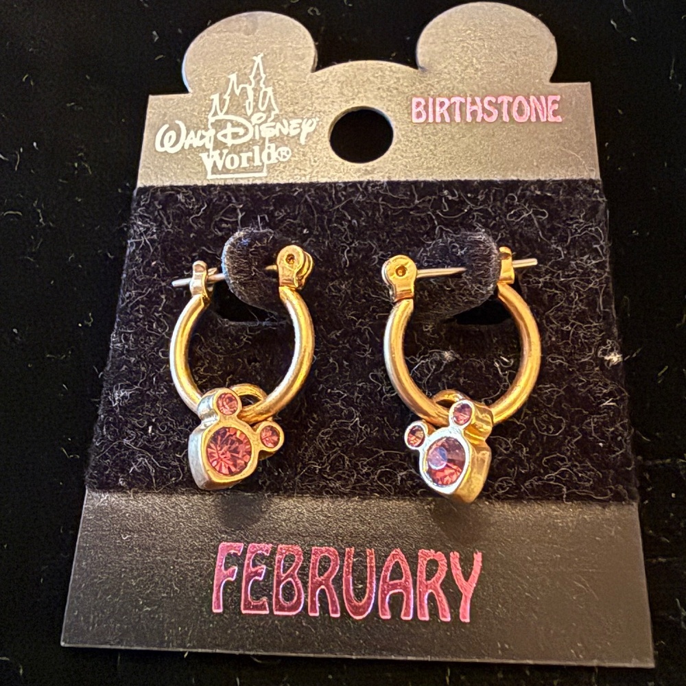 SALE-NEW WALT DISNEY WORLD MICKEY BIRTHSTONE EARRINGS FOR FEBRUARY. Y2K